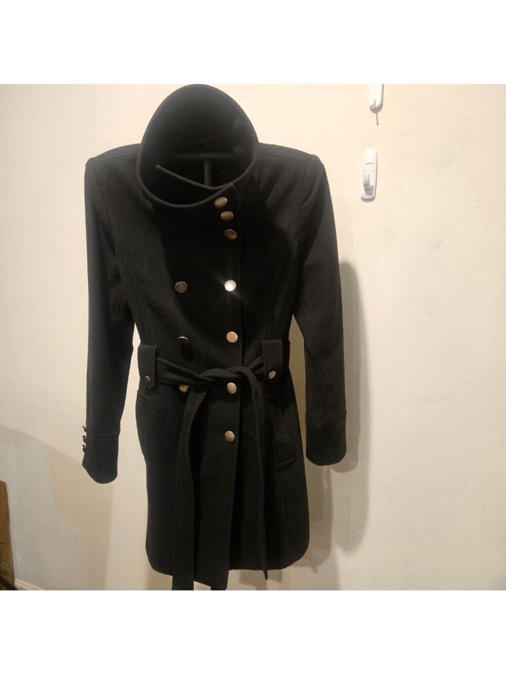 Women's NEW YORK & COMPANY Black Wool Blend Pea Coat with Silver Buttons, Size 6